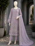 Lilac Grey Guipure Lace Embroidered 3-Piece Chiffon Suit