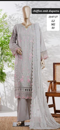 Silver Grey Floral Embroidered 3-Piece Suit with Chiffon Dupatta