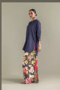 Navy Blue Schiffli Kurta with Floral Print Palazzo 2-Piece Set