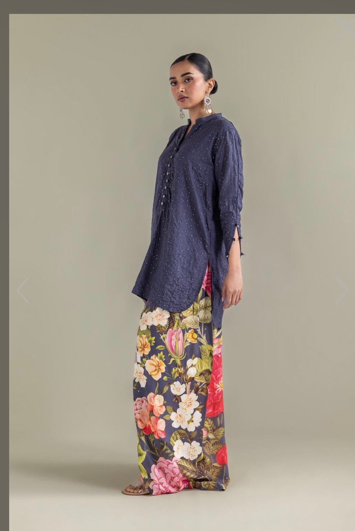 Navy Blue Schiffli Kurta with Floral Print Palazzo 2-Piece Set
