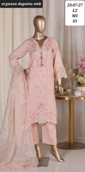 Blush Pink Floral Print 3-Piece Suit with Organza Dupatta