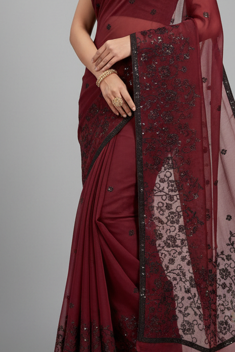 Burgundy Chiffon Saree with Sequin Embroidery