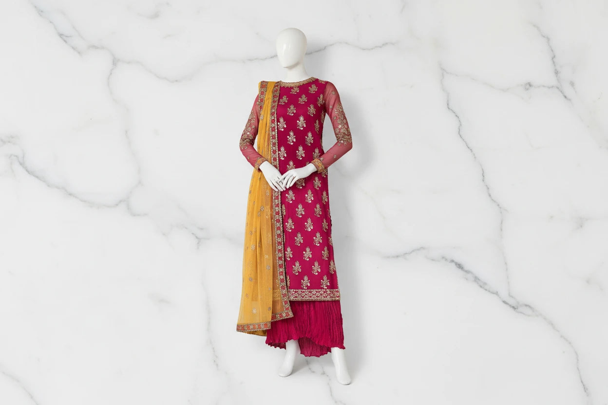 Bin Tayyab Brand’s Magenta 3 Piece with Gold Embellishments & Mustard Dupatta