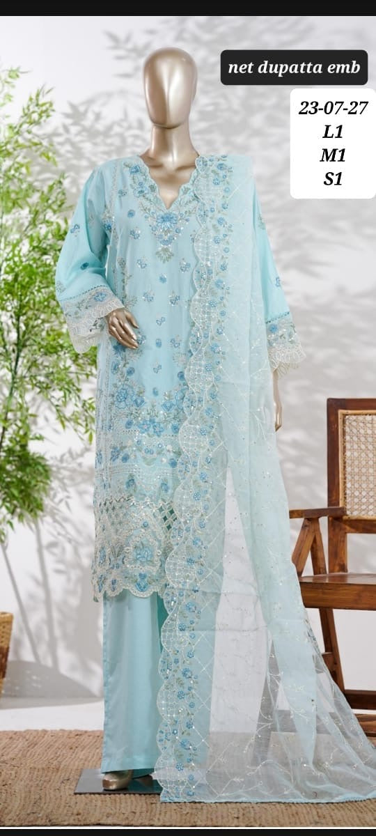 Aqua Blue Sequin Floral Embroidered 3-Piece Suit with Net Dupatta