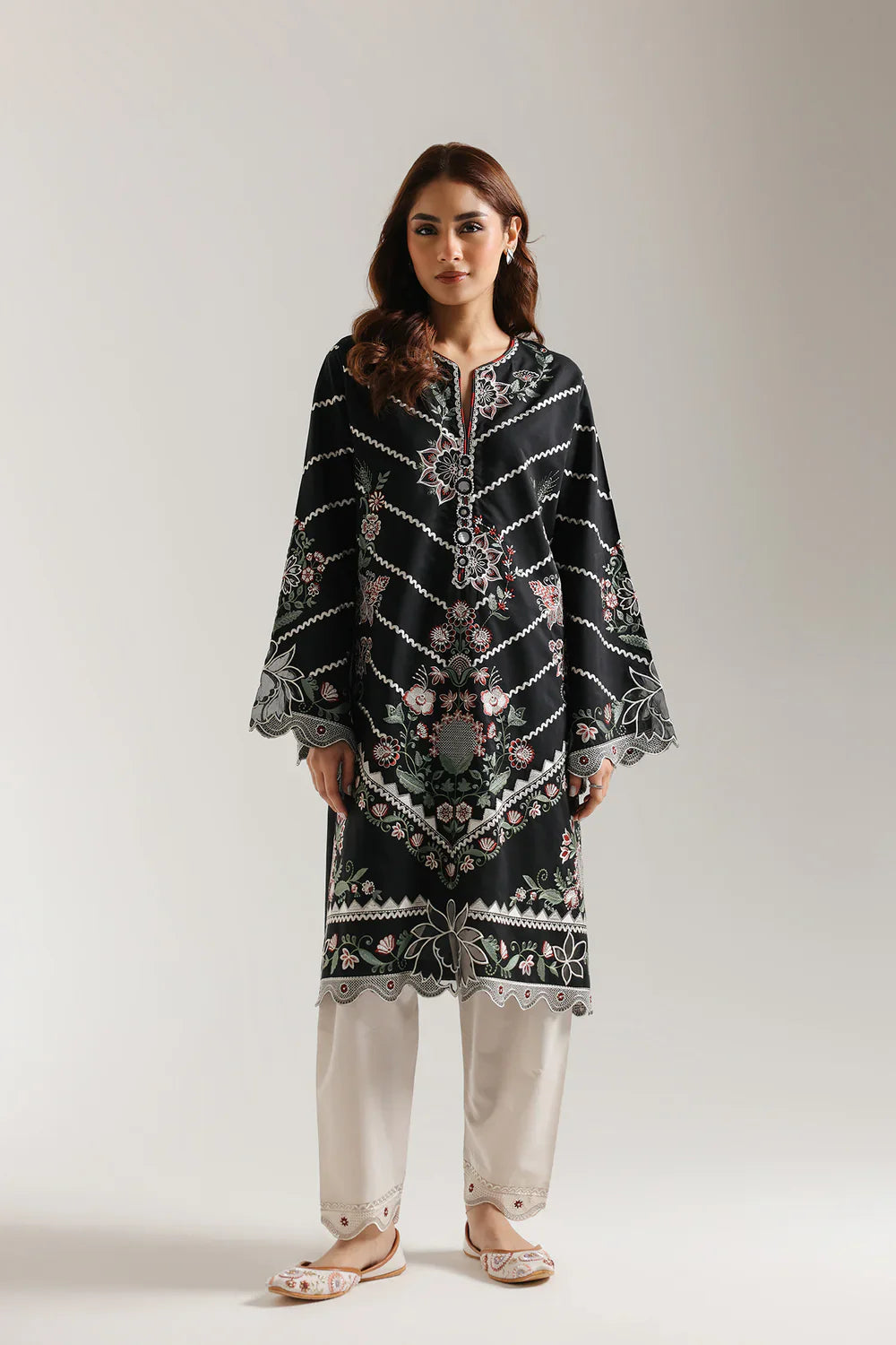 Ethnic | Black Chevron Floral Embroidered Kurta with White Trousers