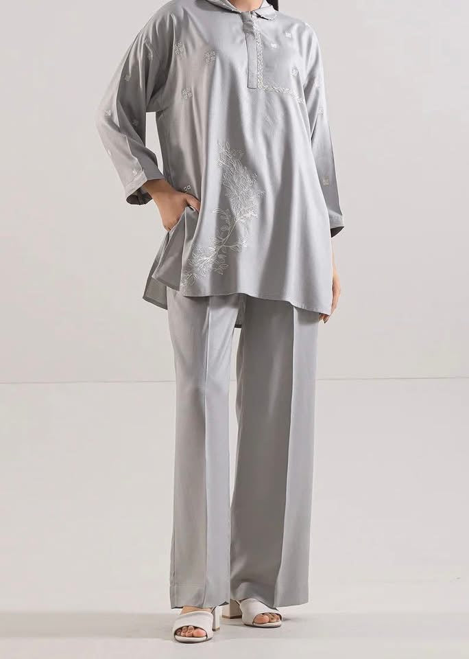 Grey Silver Embroidered Coord Set