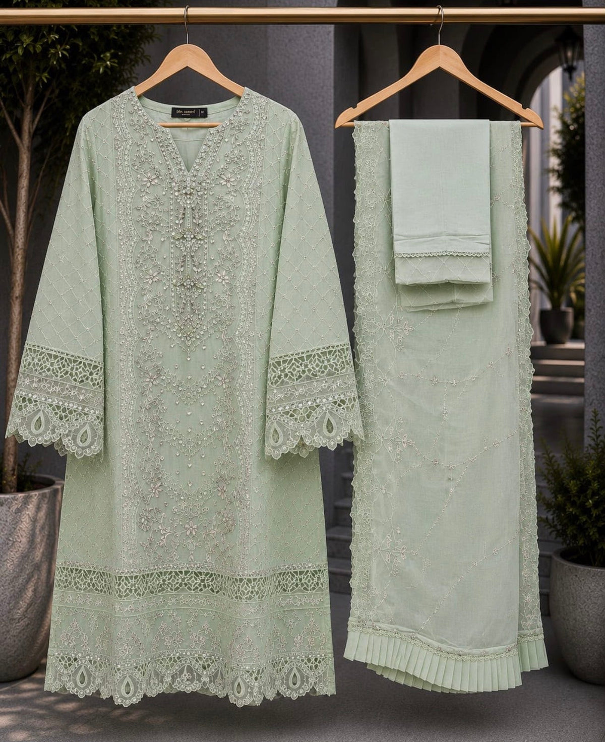 Mint Green Pearl Embroidered 3-Piece Chiffon Suit