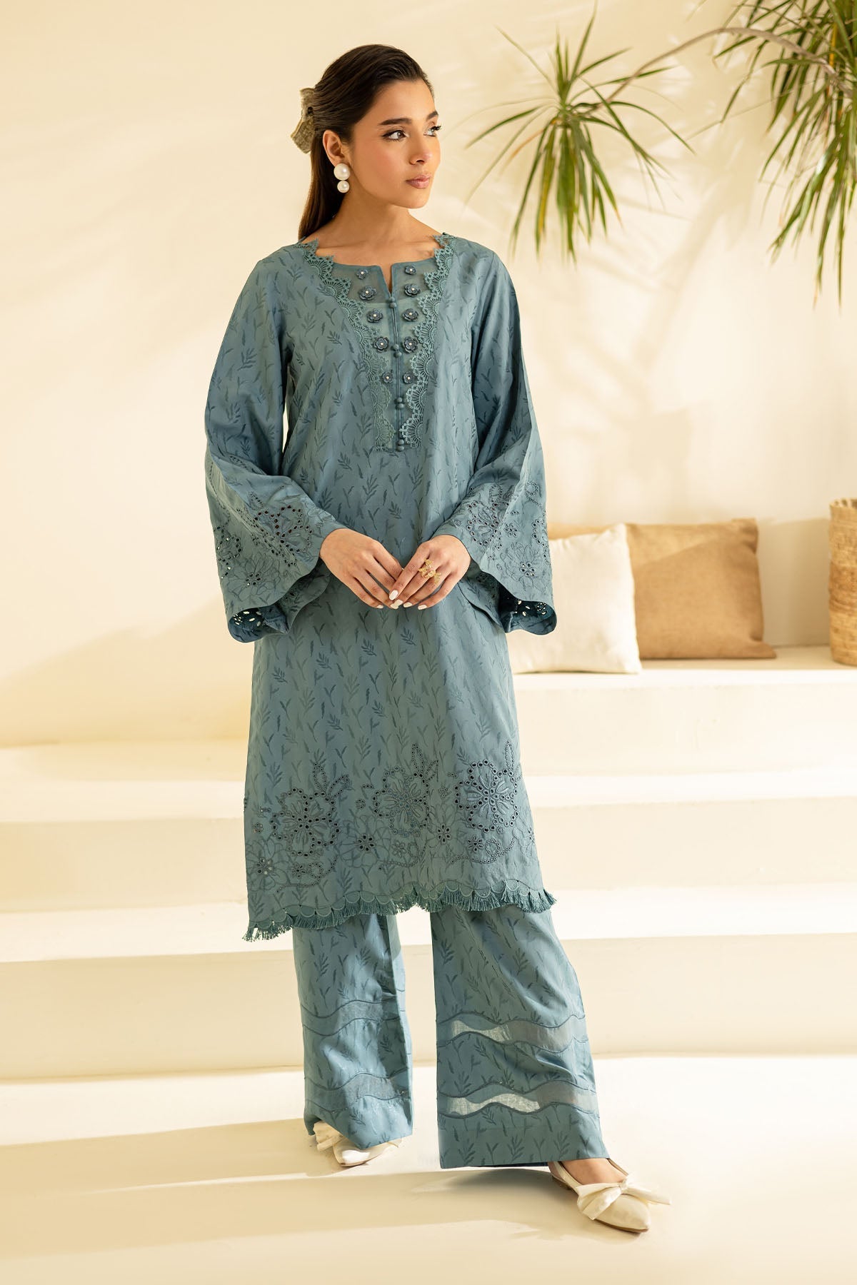 Slate Blue Schiffli Embroidered 2-Piece Co-ord Set