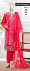 Hot Pink Floral Embroidered 3-Piece Suit with Chiffon Dupatta