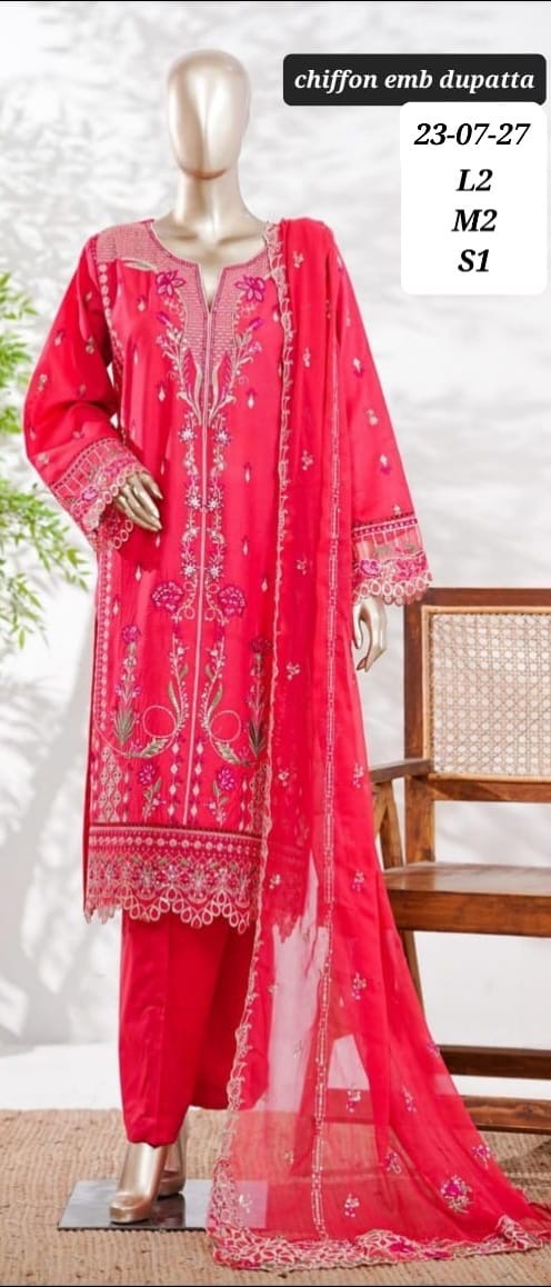 Hot Pink Floral Embroidered 3-Piece Suit with Chiffon Dupatta