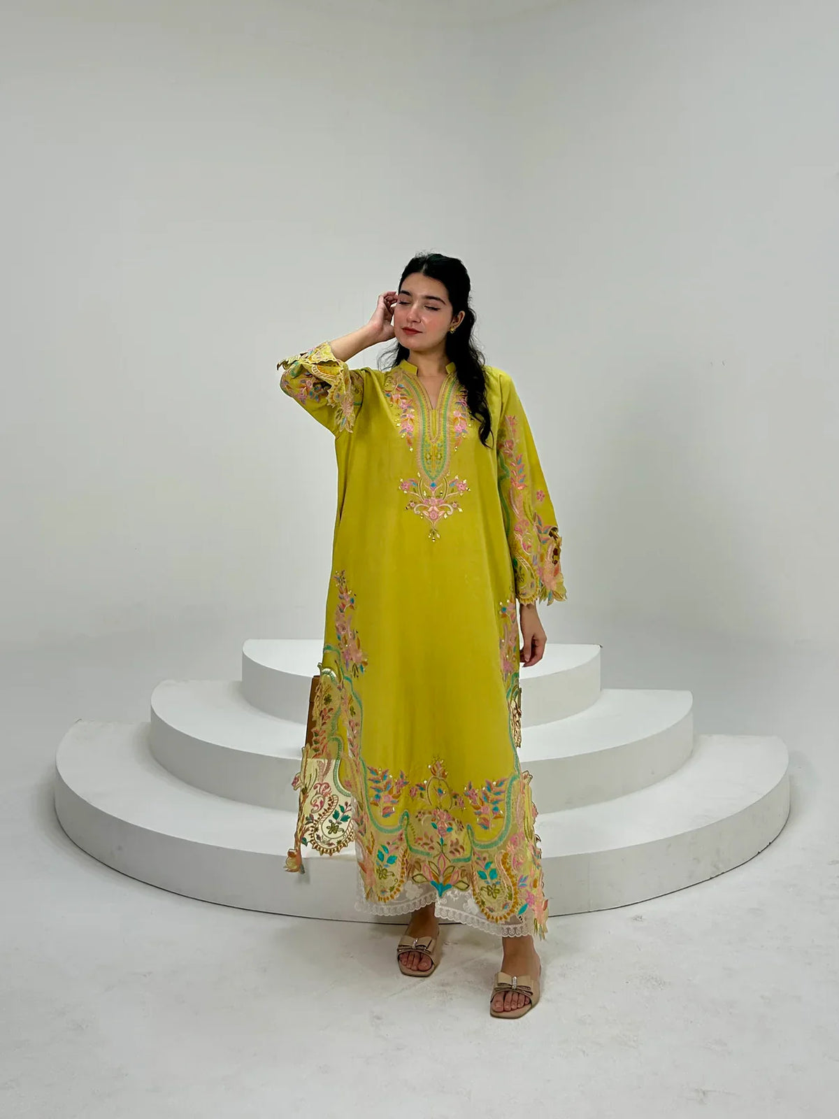 | Chartreuse Green Long Kurta with Multicolour Embroidery