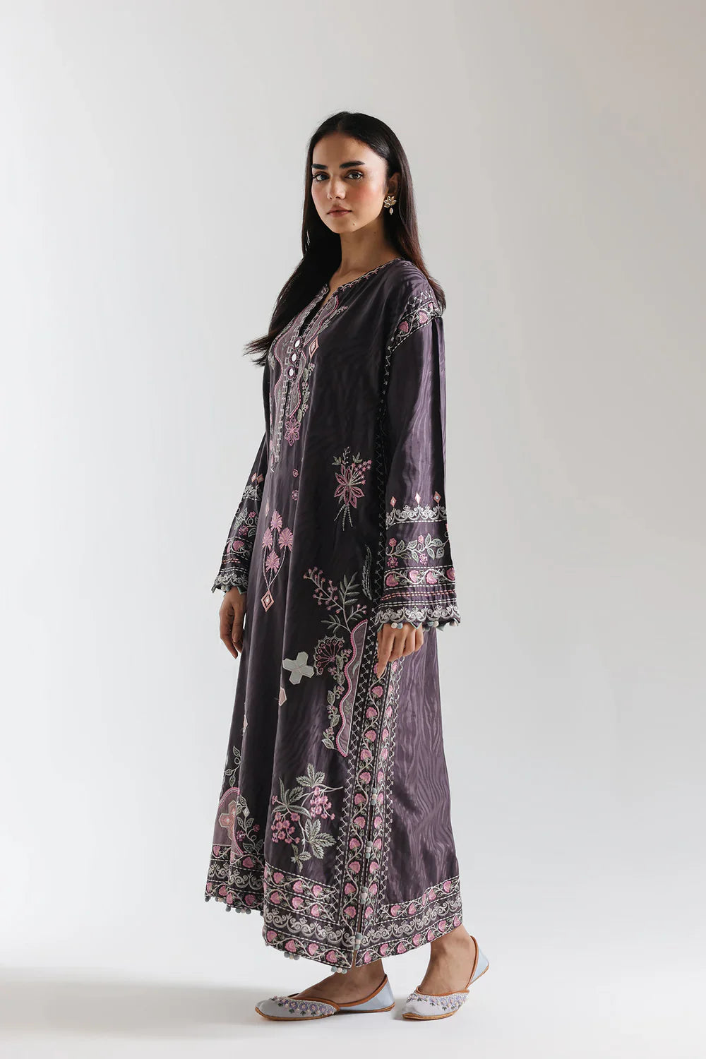 Ethnic | Charcoal Purple Maxi Kurta with Pink Floral Embroidery