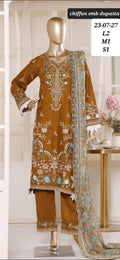 Mustard Gold Floral Embroidered 3-Piece Suit with Chiffon Dupatta