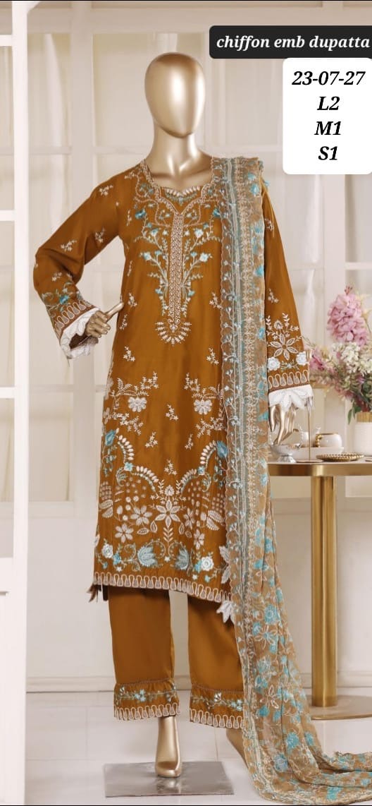 Mustard Gold Floral Embroidered 3-Piece Suit with Chiffon Dupatta