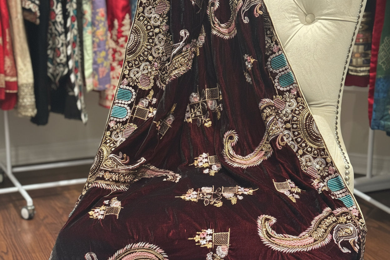 Velvet Embellished Shawl - Maroon