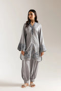 Steel Grey Floral Embroidered Kurta & Harem Pants Set