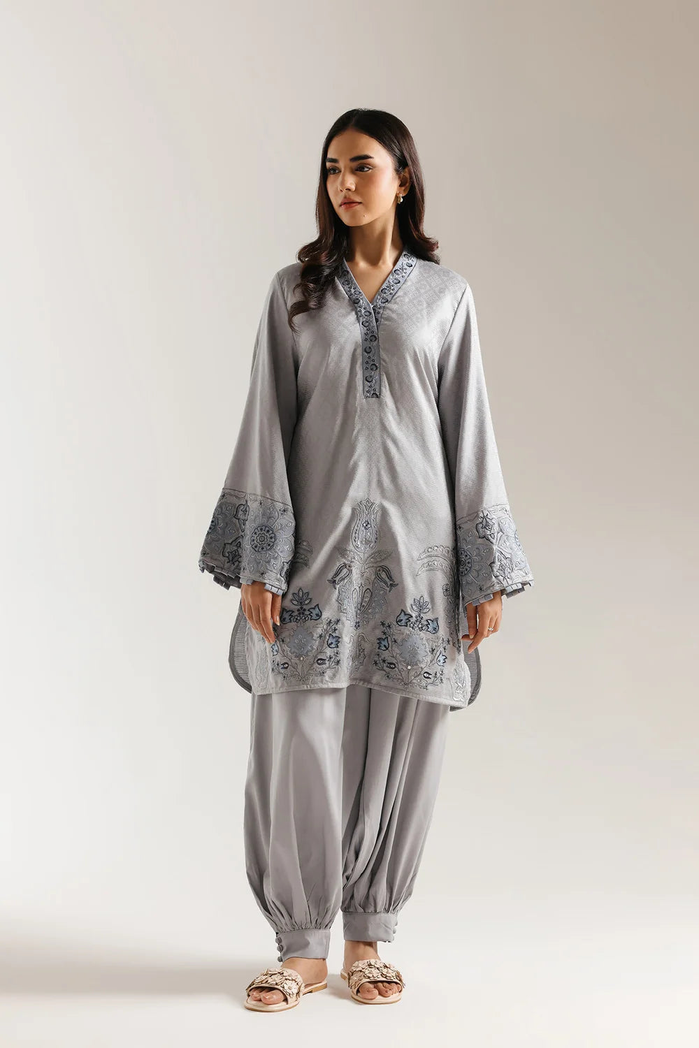Steel Grey Floral Embroidered Kurta & Harem Pants Set
