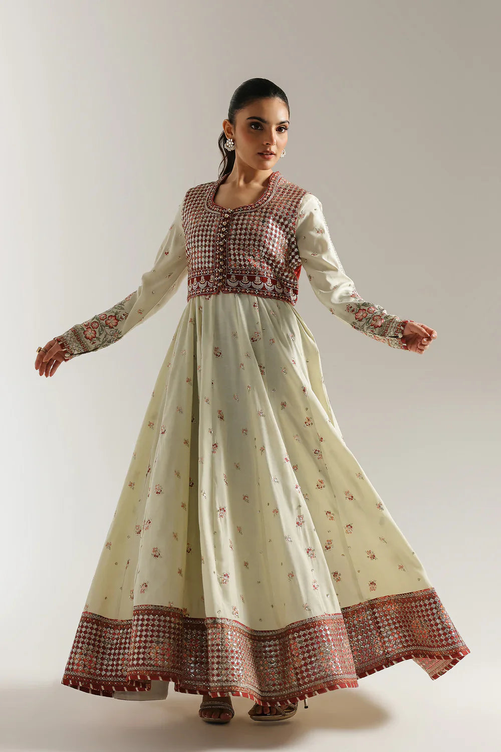 Ethnic | Ivory Anarkali with Maroon Embroidered Koti Jacket