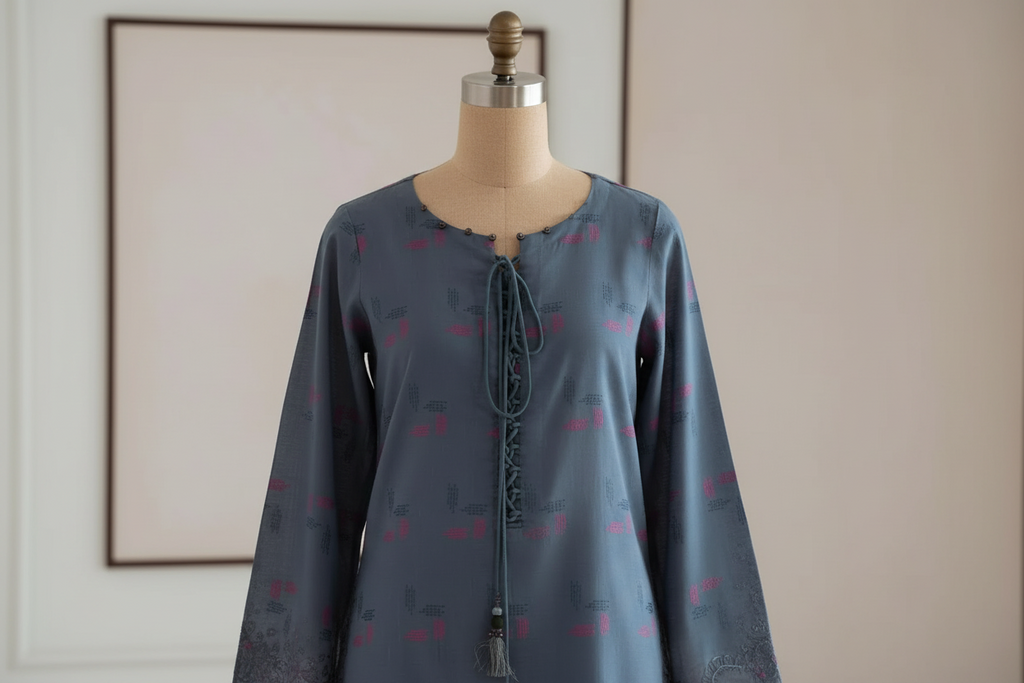 Slate Blue 2 Piece with Pink Floral Embroidery - Nureh