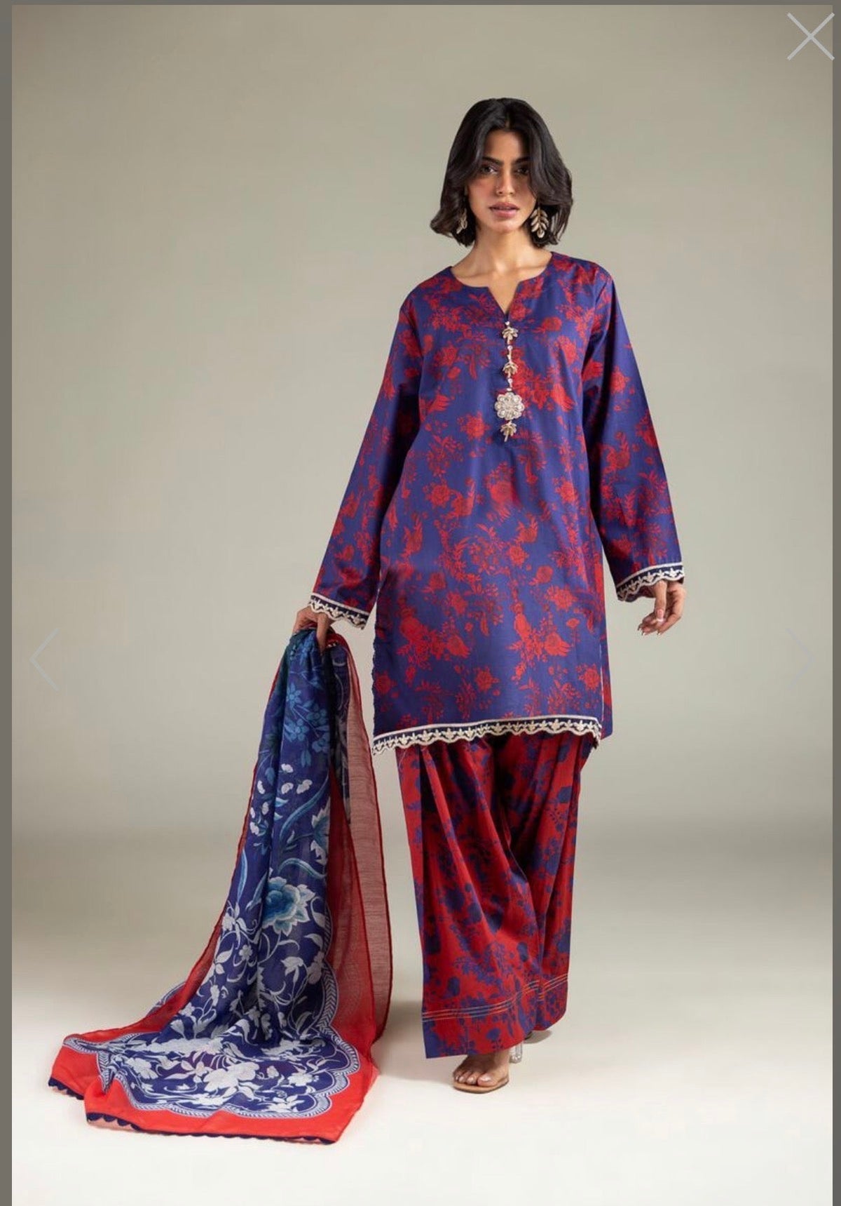 Navy Blue & Red Floral Print 3-Piece Suit