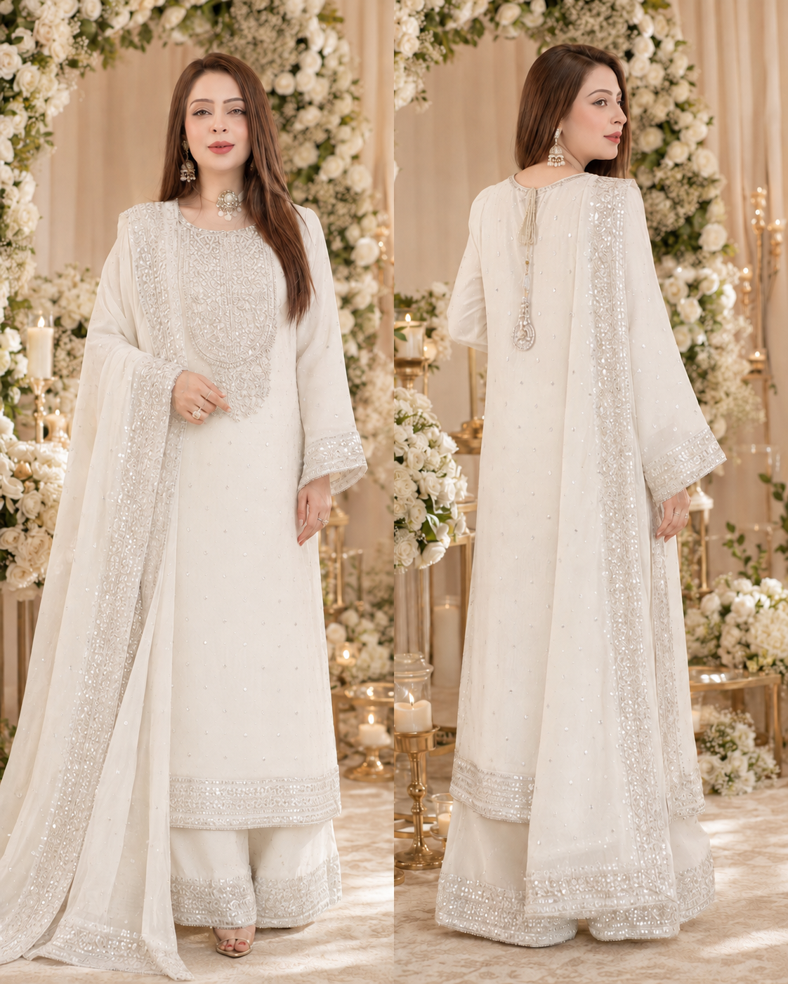 White Silver Sequin Embroidered 3-Piece Bridal Suit