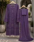 Deep Plum Tonal Embroidered 3-Piece Chiffon Suit