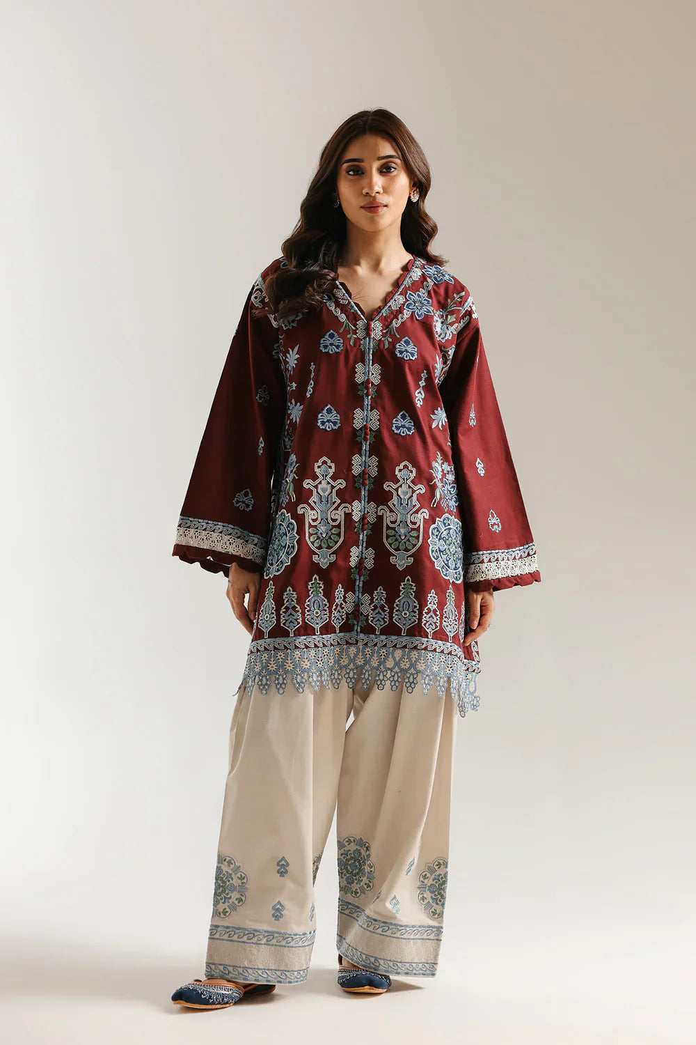 Ethnic | Maroon Embroidered Kurta with Cream Palazzo