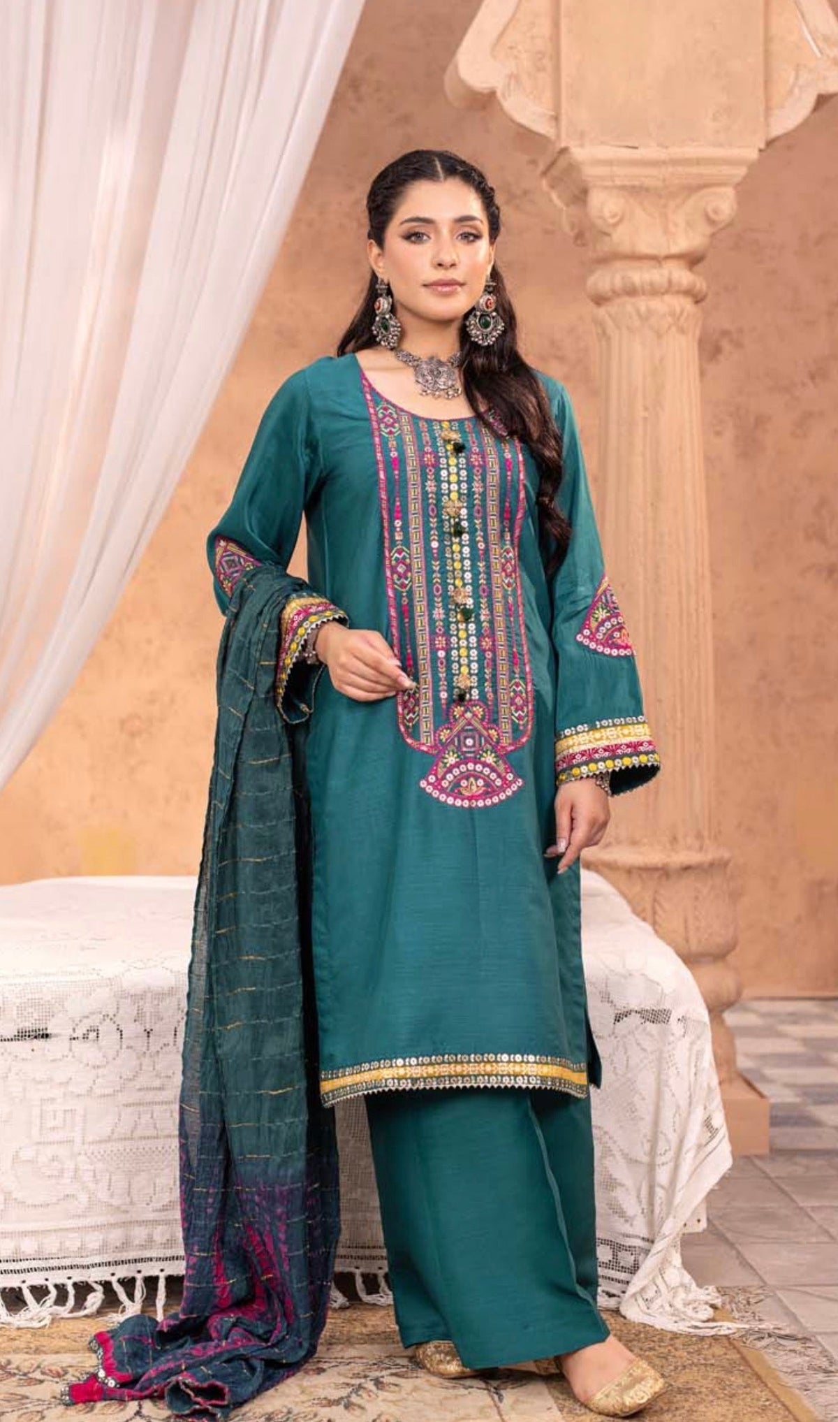 Teal Multicolour Mirror Work 3-Piece Suit