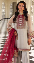 Charizma’s White Formal 3-Piece with Maroon Embroidery & Dupatta