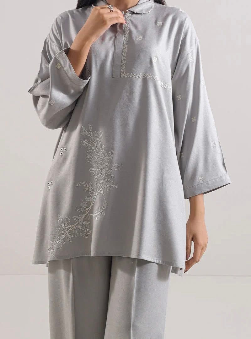 Grey Silver Embroidered Coord Set