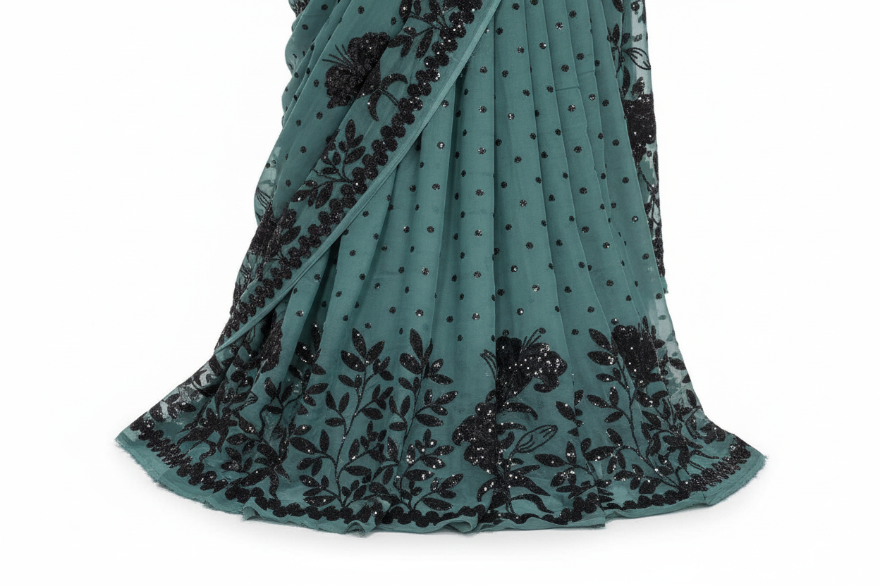 Teal Chiffon Saree with Black Sequin Embroidery