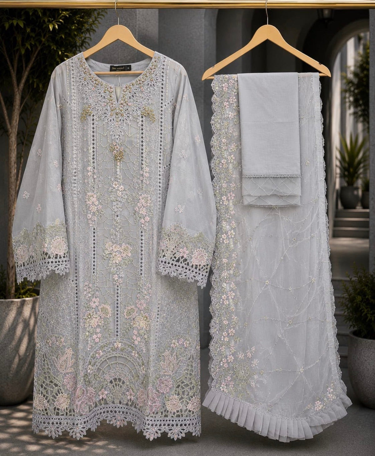 Ice Grey Guipure Lace Embroidered 3-Piece Suit with Dupatta