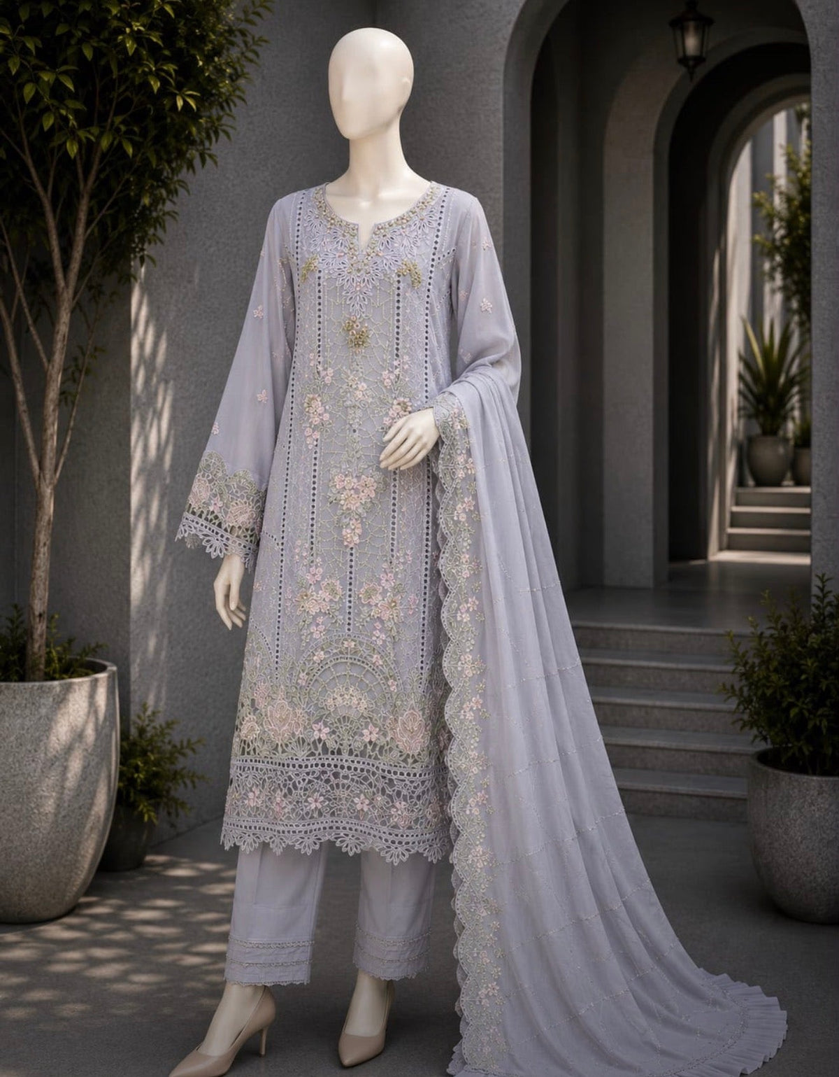 Steel Grey Floral Sequin Embroidered 3-Piece Chiffon Suit