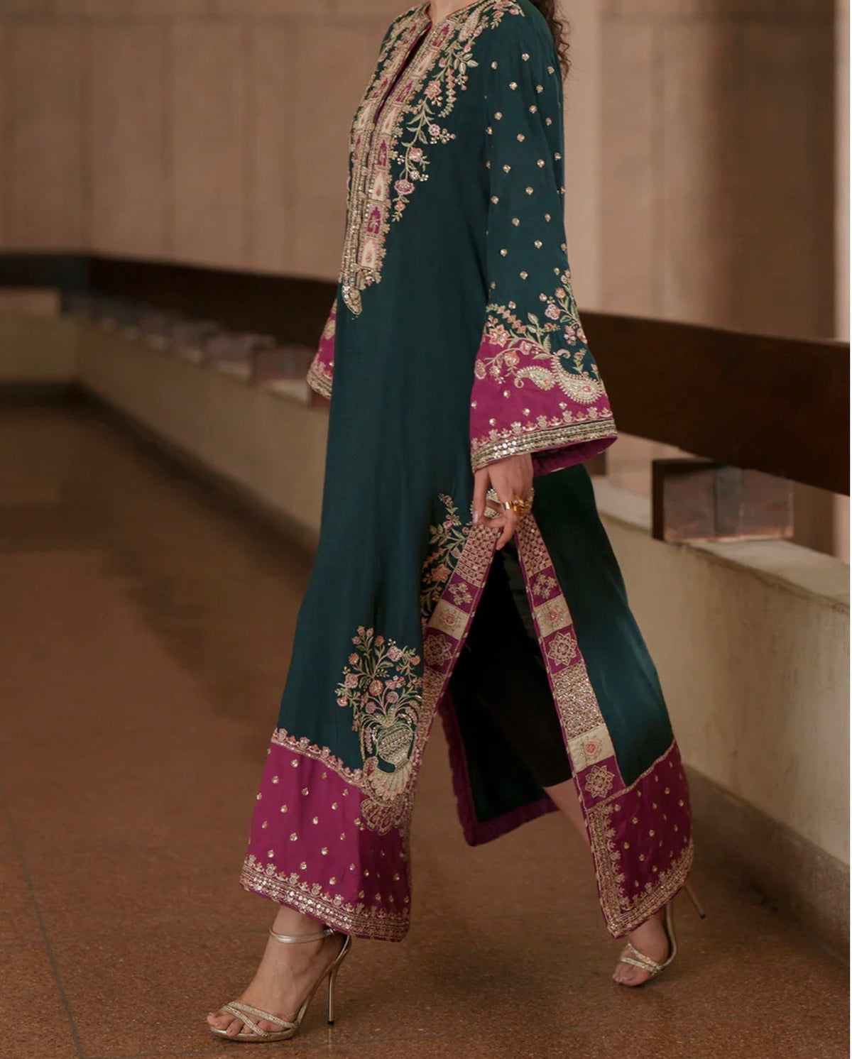 Emerald & Fuchsia Embroidered Kaftan