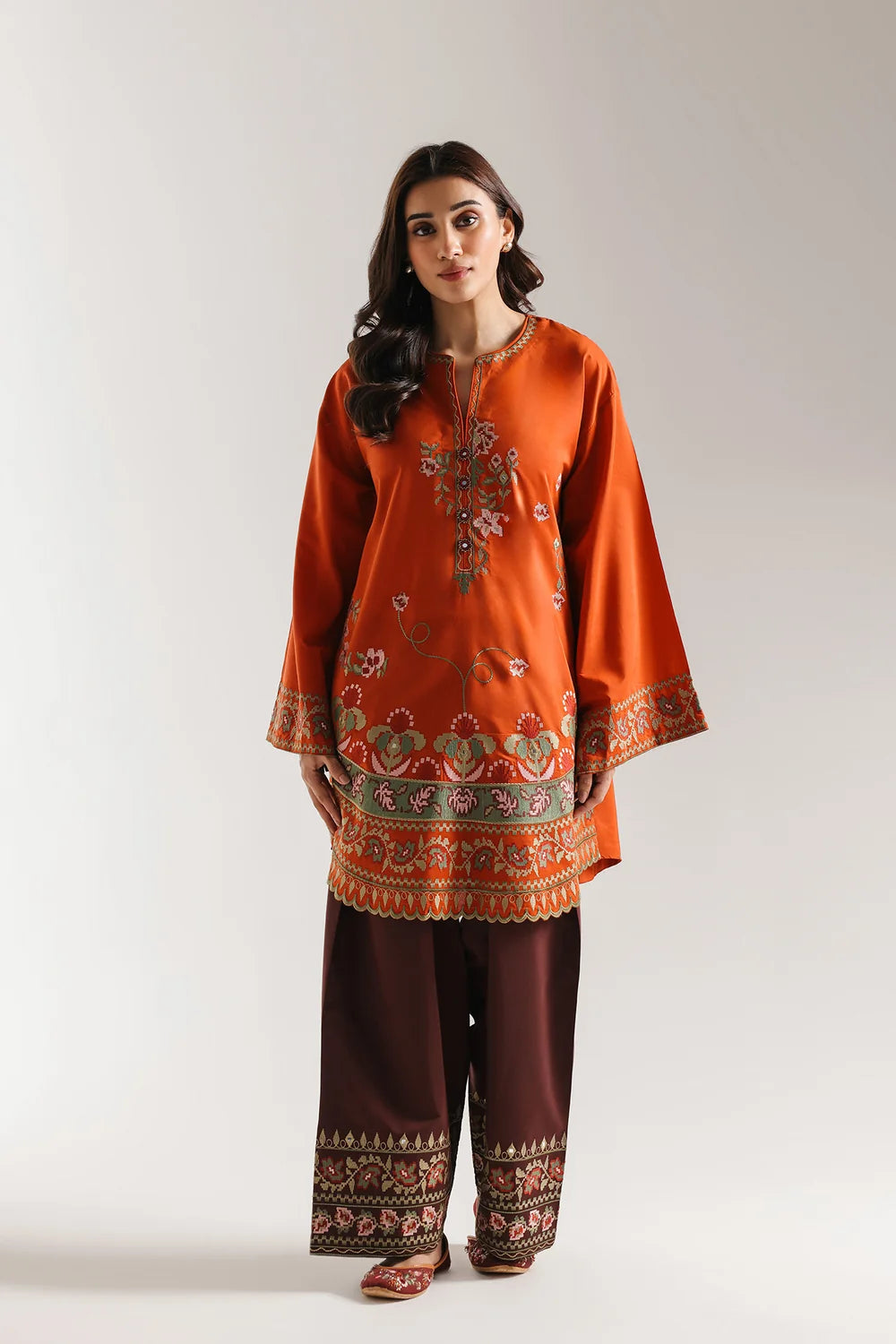 Orange Floral Embroidered Coord Set