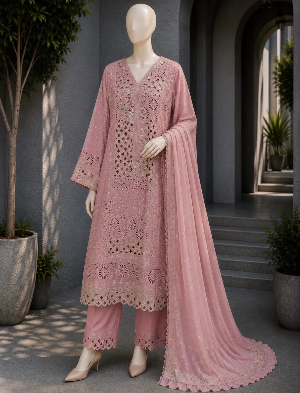 Antique Rose Guipure Cutwork 3-Piece Chiffon Suit