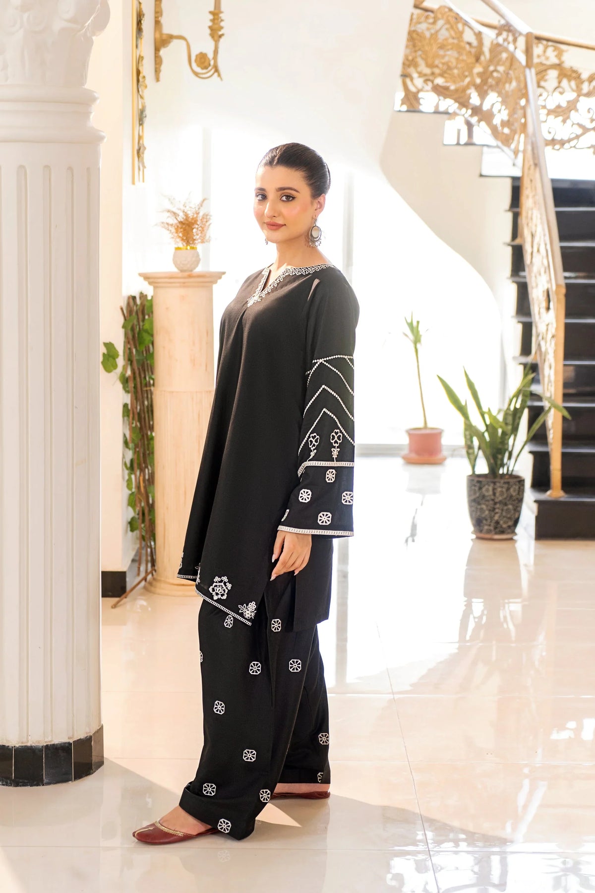 Urge Pret | Black Coord Set with White Embroidery