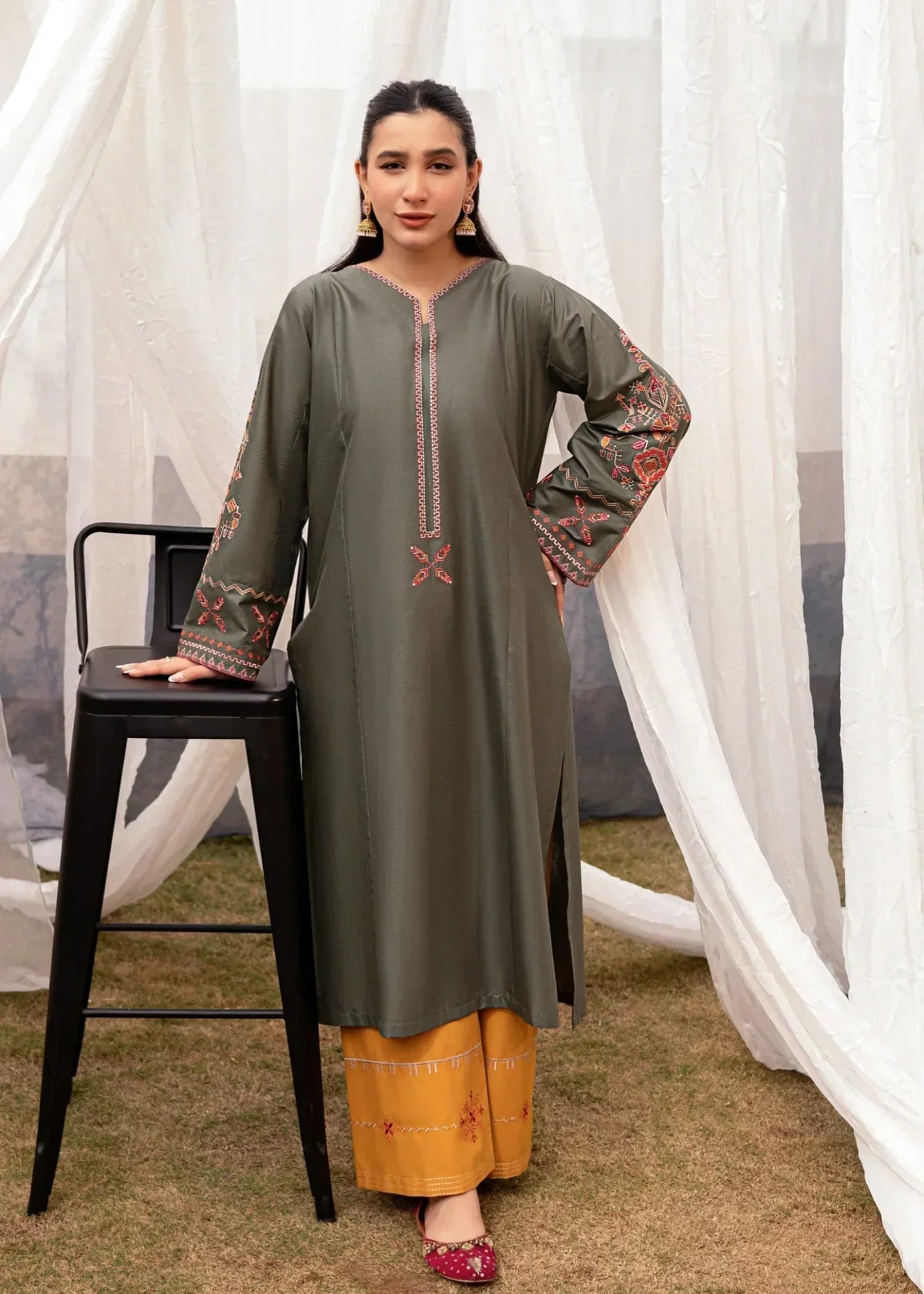 Urge Pret | Olive Green Embroidered Kurta with Mustard Palazzo