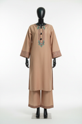 Beige embroidered khaddar suit on mannequin