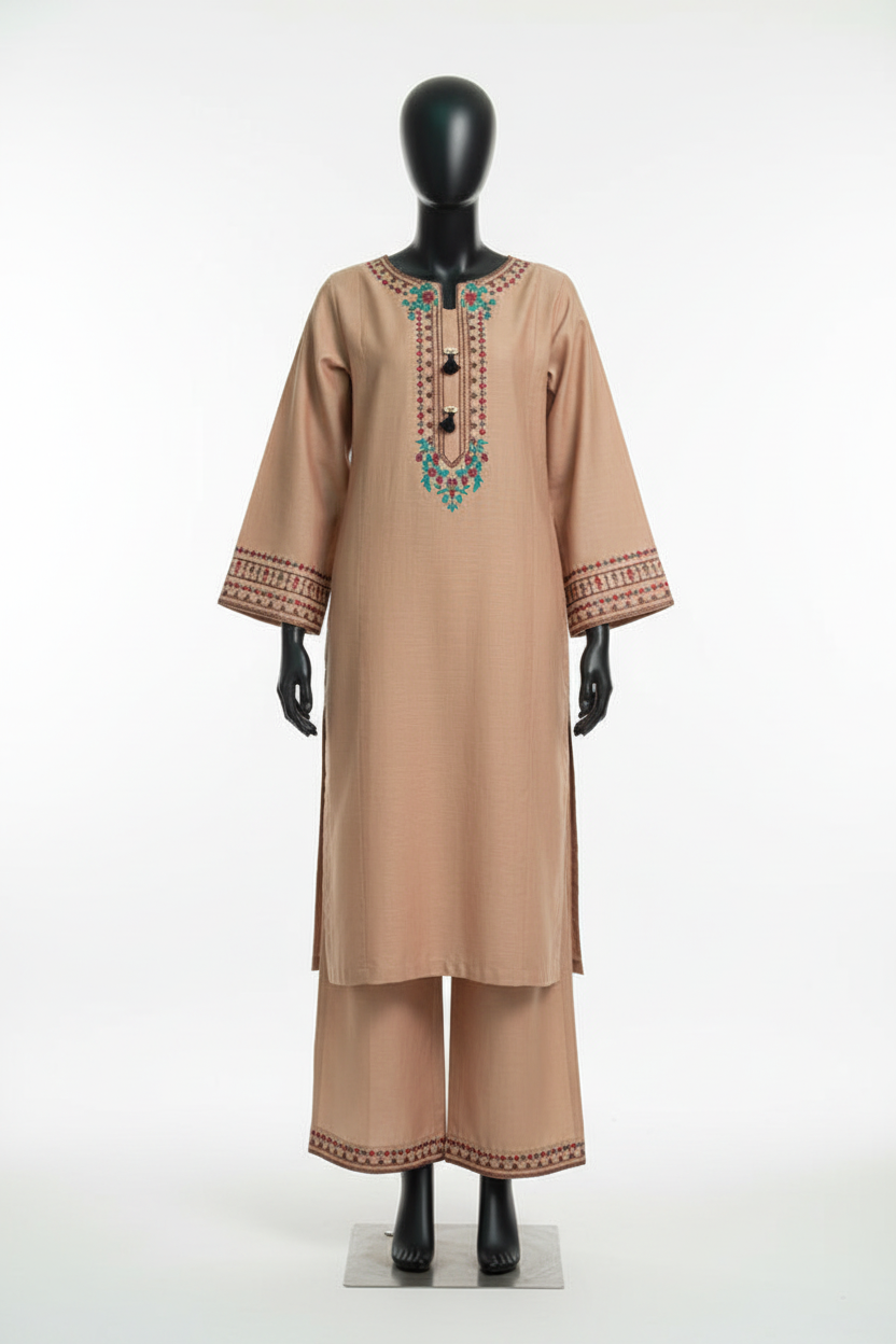 Beige embroidered khaddar suit on mannequin