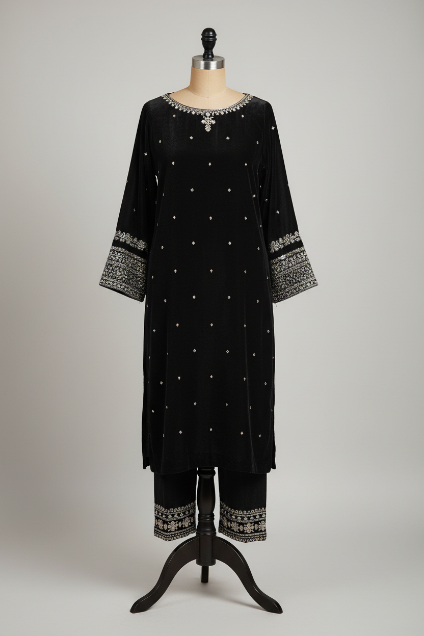 Black velvet suit - thinner neckline