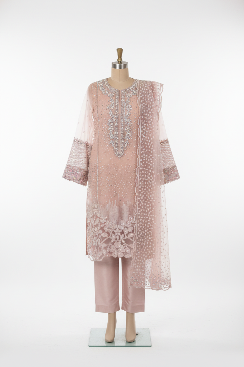 SH designer dress in Blush Pink Embroidered Three Piece Suit with Silver Embellishments