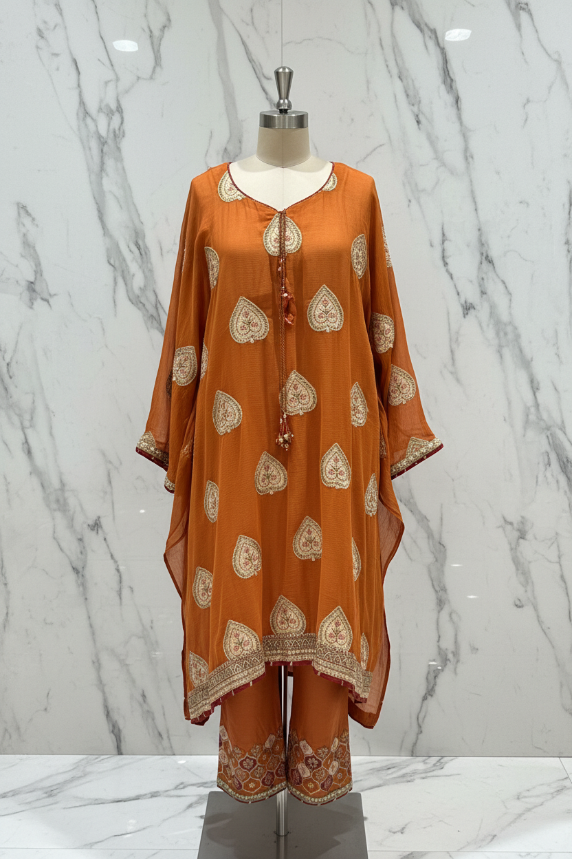 Burnt orange embroidered two-piece set on marble background