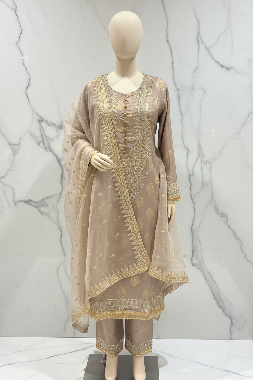 Champagne gold three-piece suit with embroidered pants on marble background