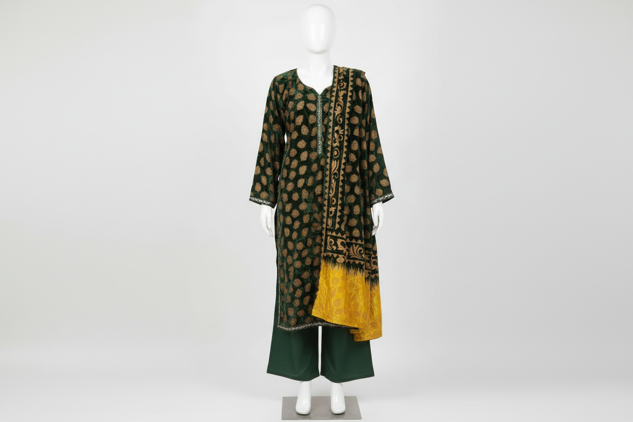 Dark green kameez suit with matching dupatta on mannequin