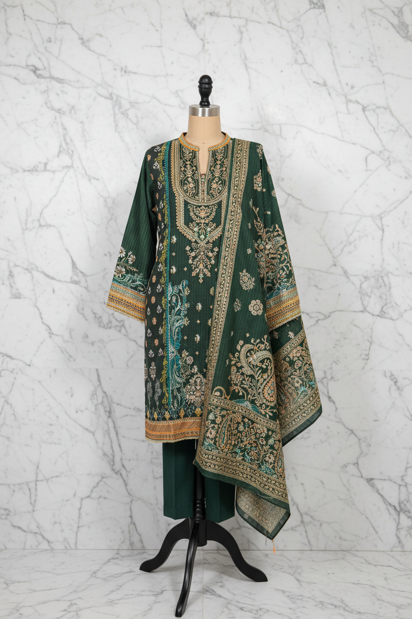 Emerald green embroidered three-piece suit on marble background