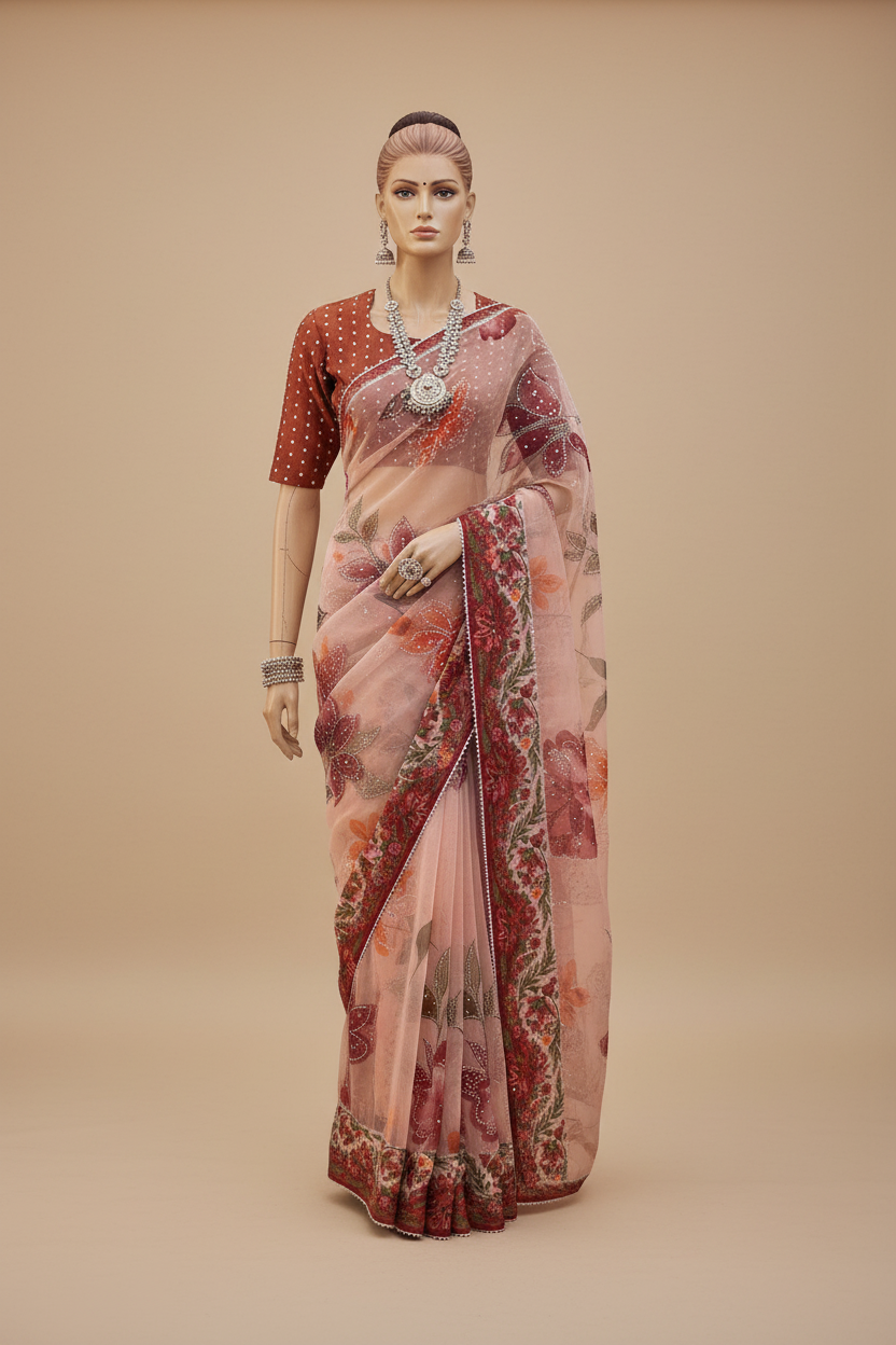Floral organza saree on full-body mannequin