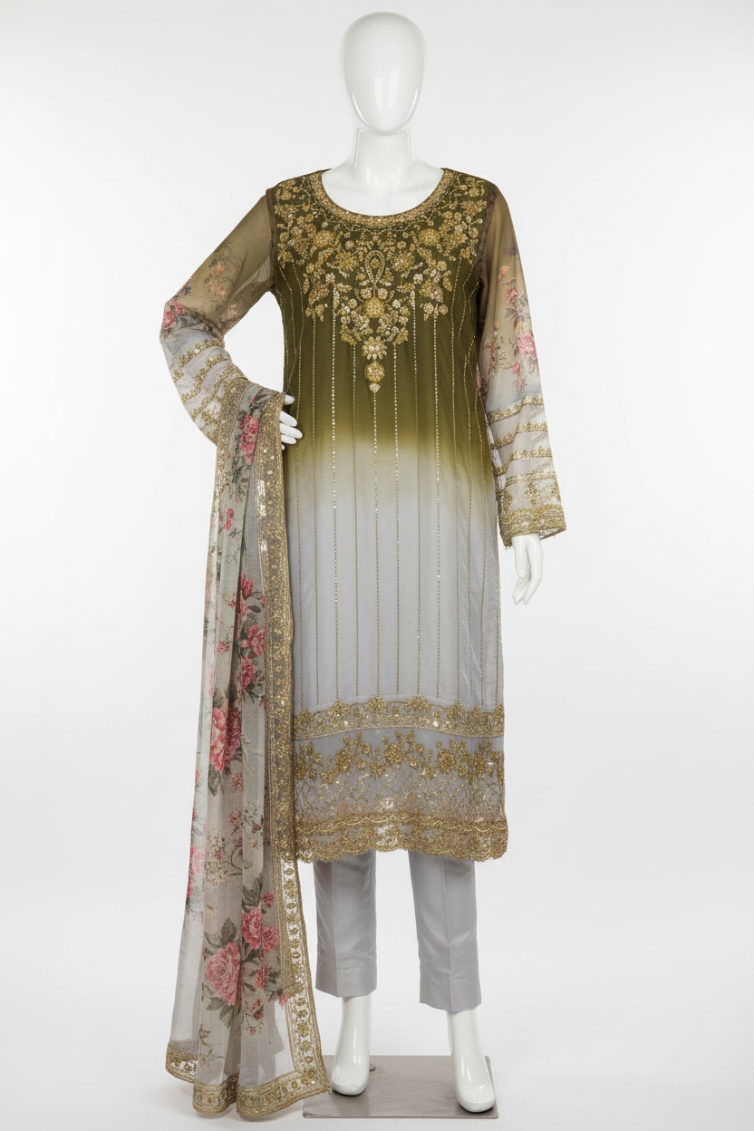 Green to white ombre three-piece suit on mannequin