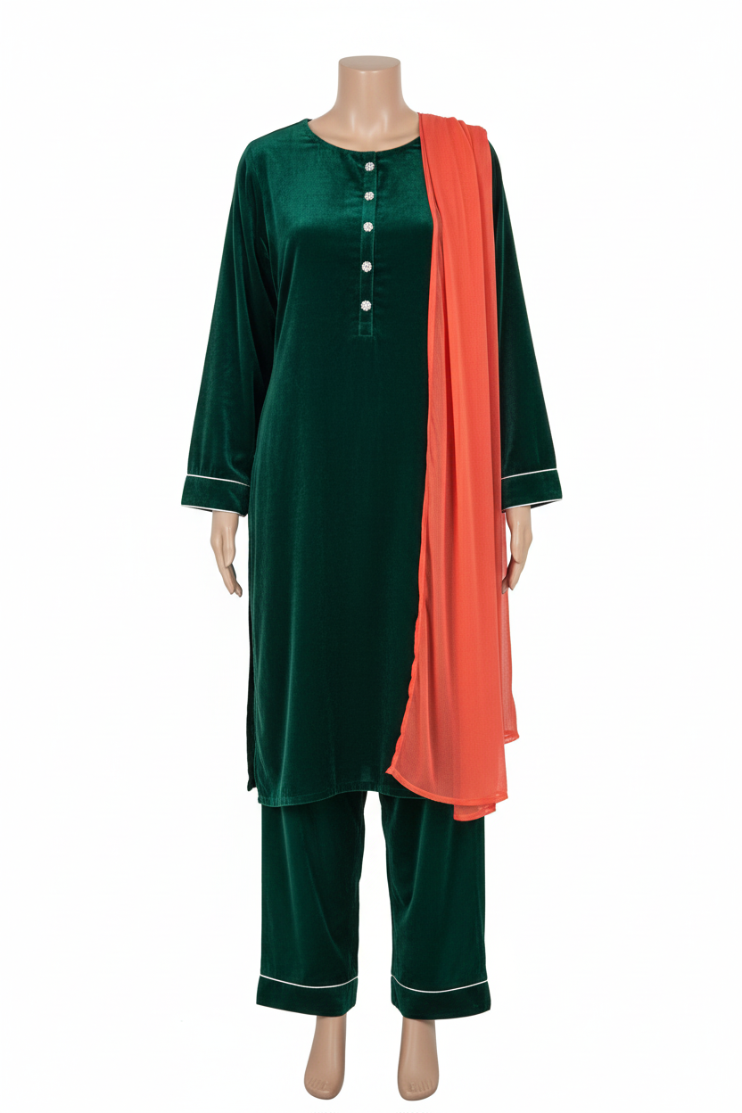 Green velvet suit with shorter kurta