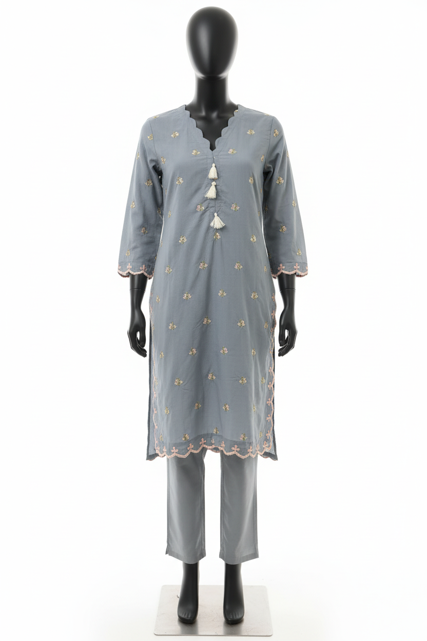 Grey embroidered kurta on mannequin